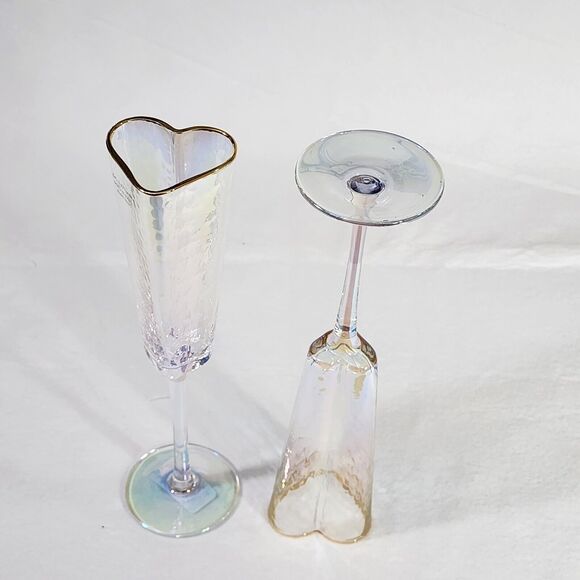 Heart Shape Gold Rimmed Iridescent Champagne Flute‎ Glass Drinkware 5oz Set Of 2 - Picture 3 of 16